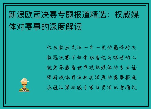 新浪欧冠决赛专题报道精选：权威媒体对赛事的深度解读